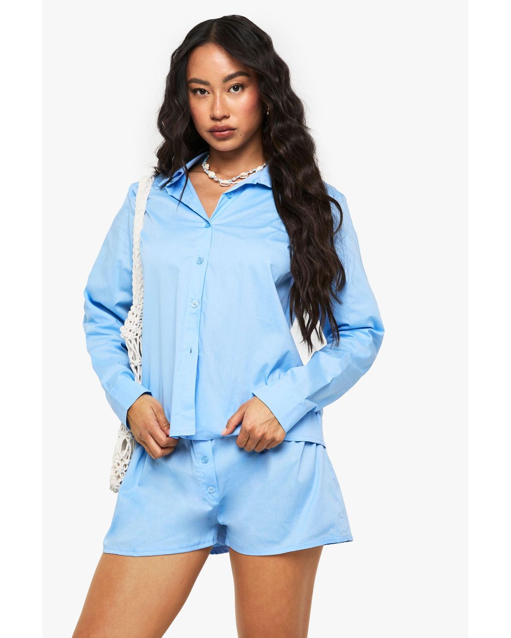 Boohoo Blue Cotton Poplin Shirt & Short Set