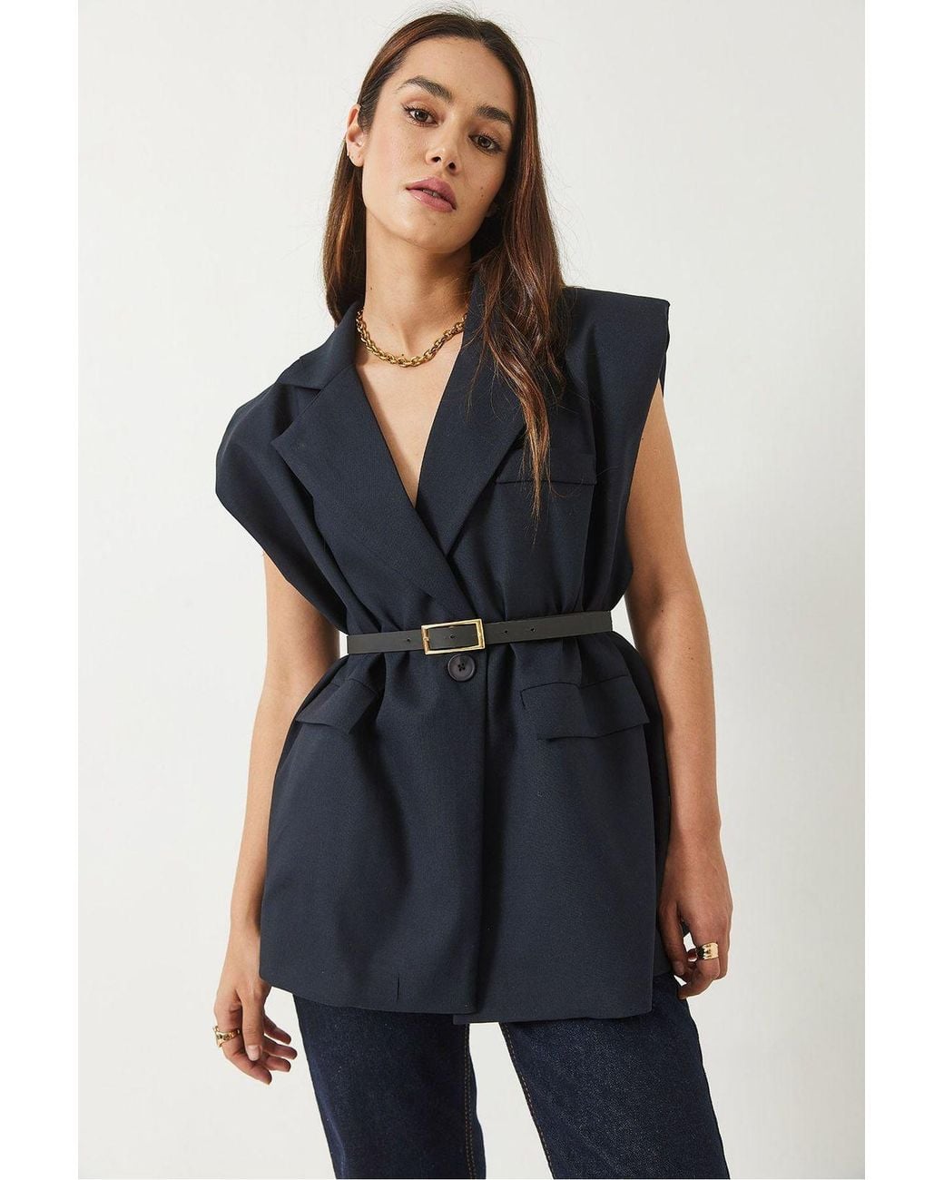 Bianco Lucci Blue Belted Long Shawl-Collar Vest