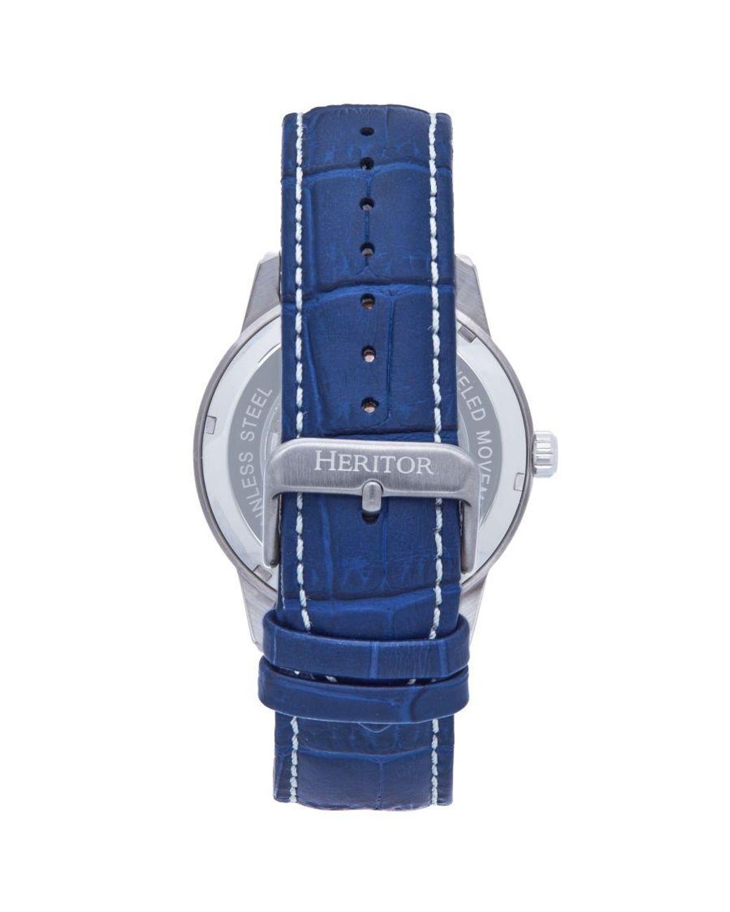 Heritor Blue Davies Semi-Skeleton Leather-Band Watch for men