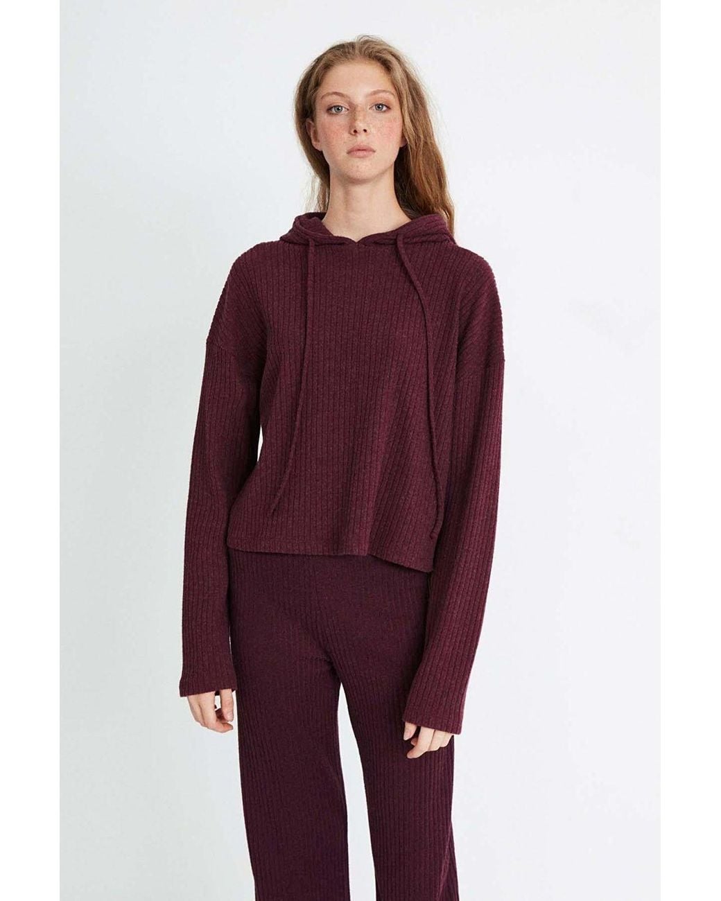 Grimelange Red Plain Hooded Ribbed Sweatshirt