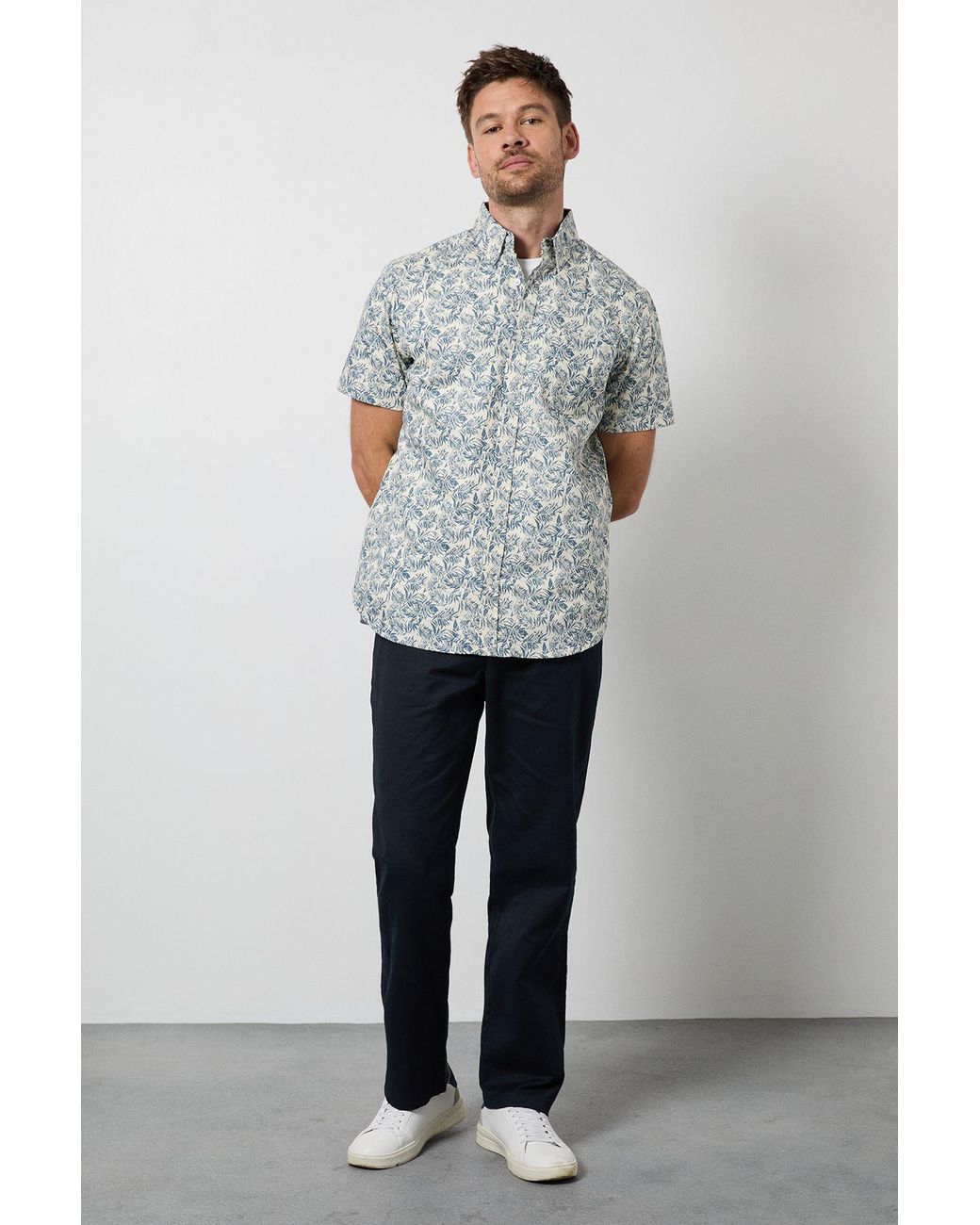 MAINE Blue Leaf Print Oxford Short Sleeve Shirt Cotton for men