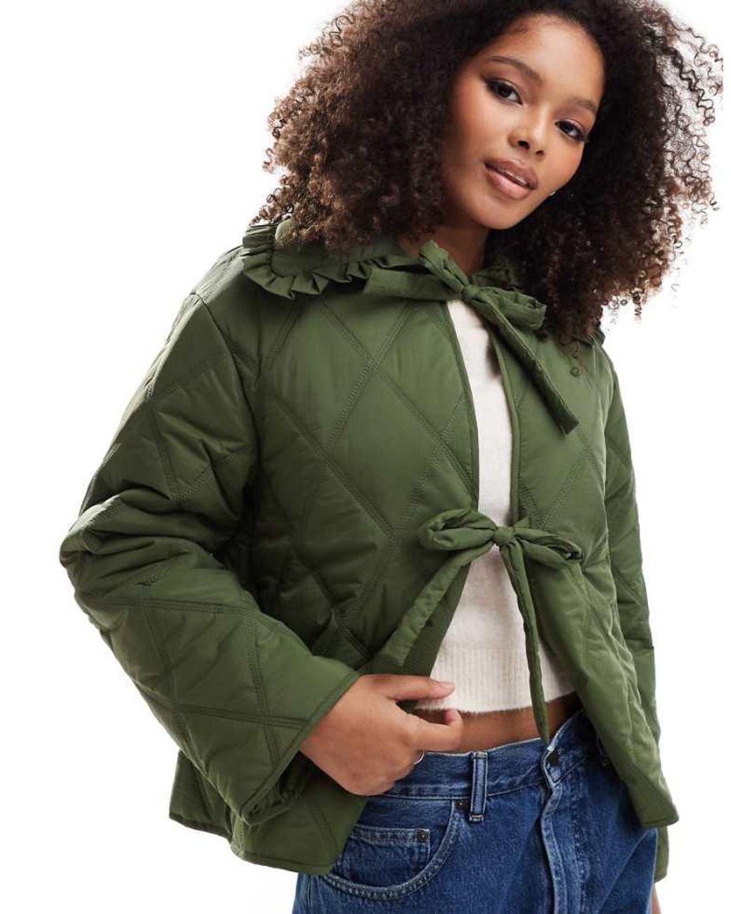 ASOS Green Quilted Frill Collar Jacket With Tie Front
