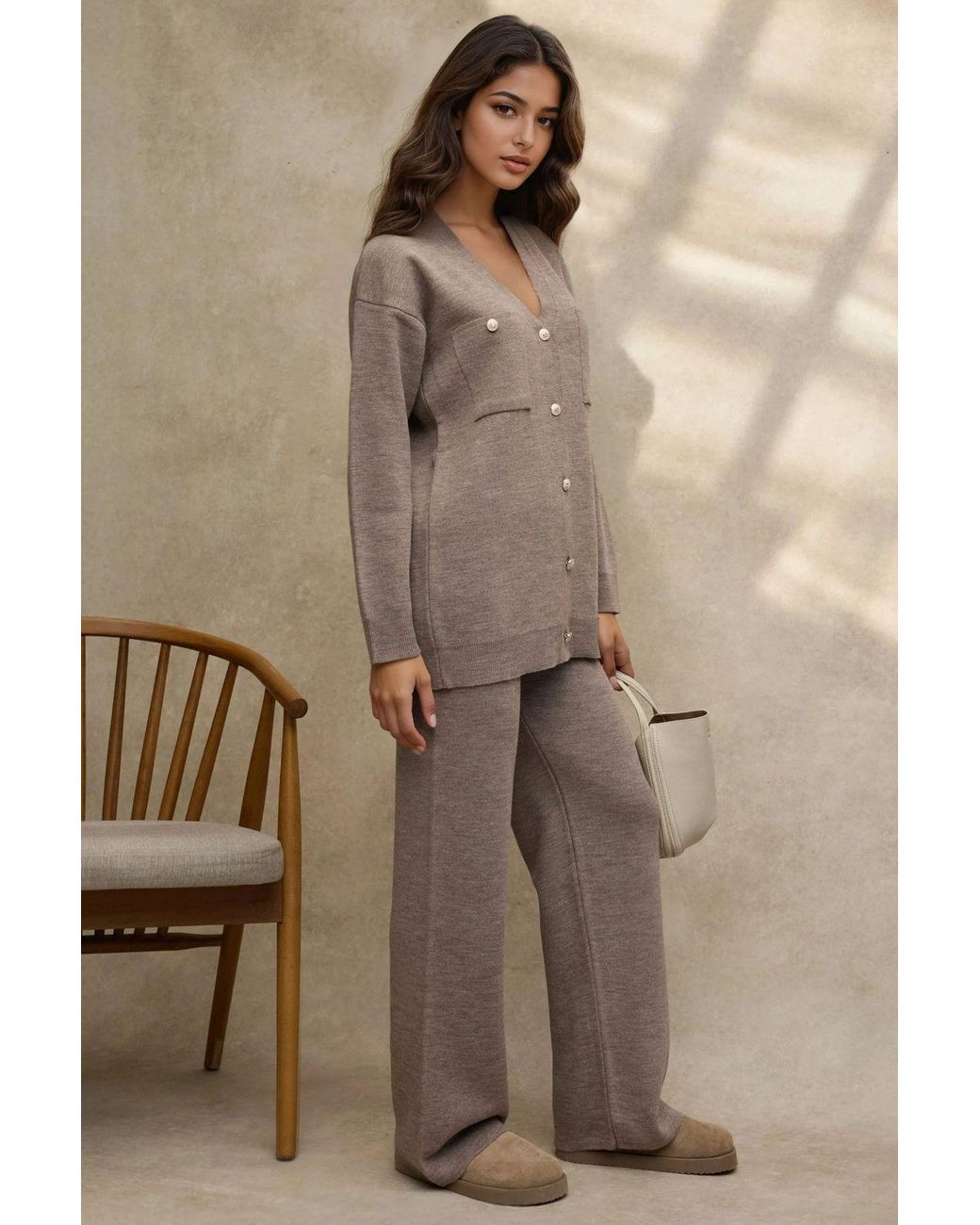 Hiccup Brown V-Neck Cardigan & High Waist Wide Leg Pants Knit Co-Ord Set