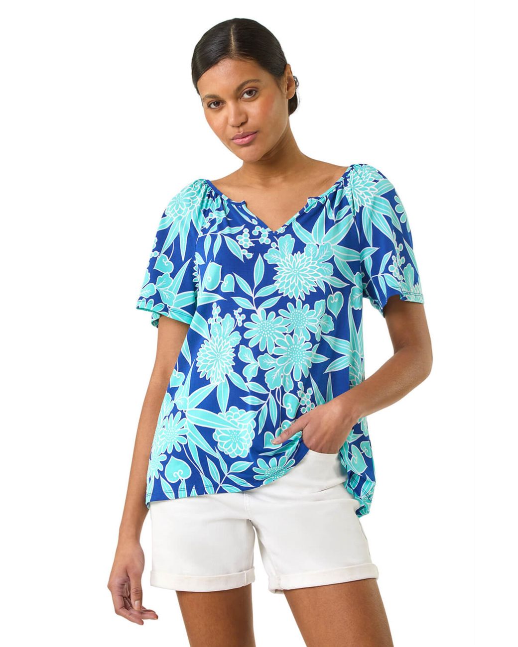 Roman Blue Textured Print Notch Neck Top