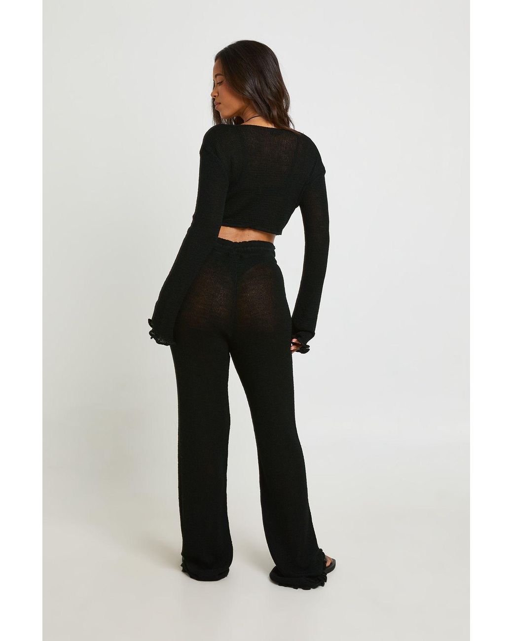 Boohoo Black Lettuce Edge Sheer Knitted Trouser