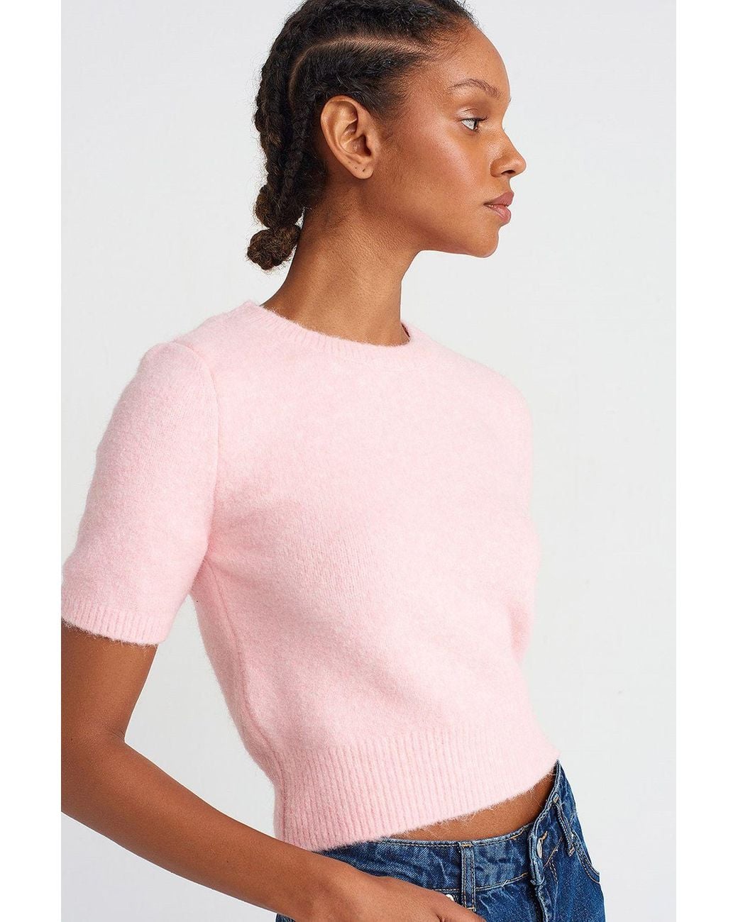 Dilvin Pink Ribbed Crew Neck Short-Sleeve Sweater