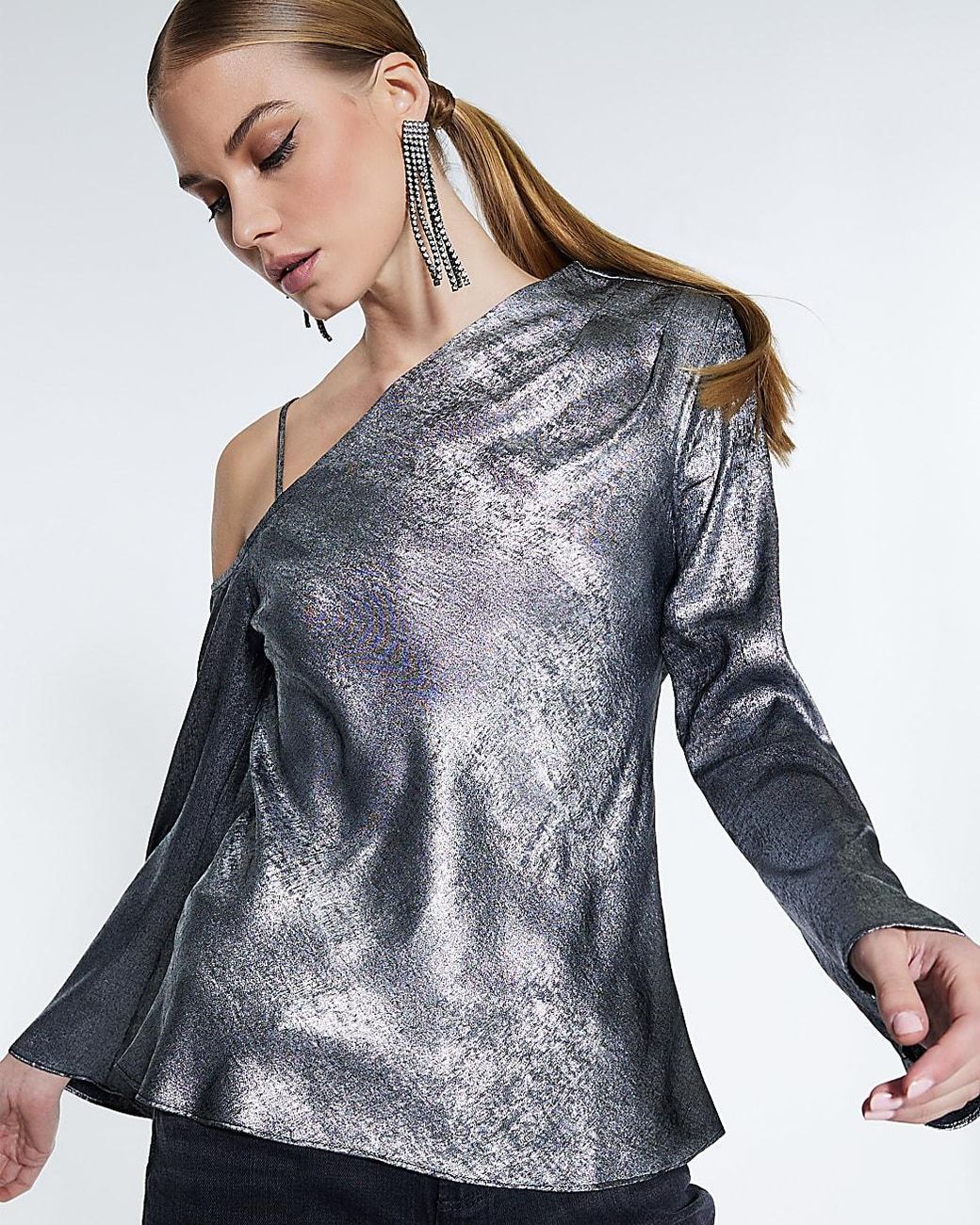 River Island Blue Top Metallic One Shoulder