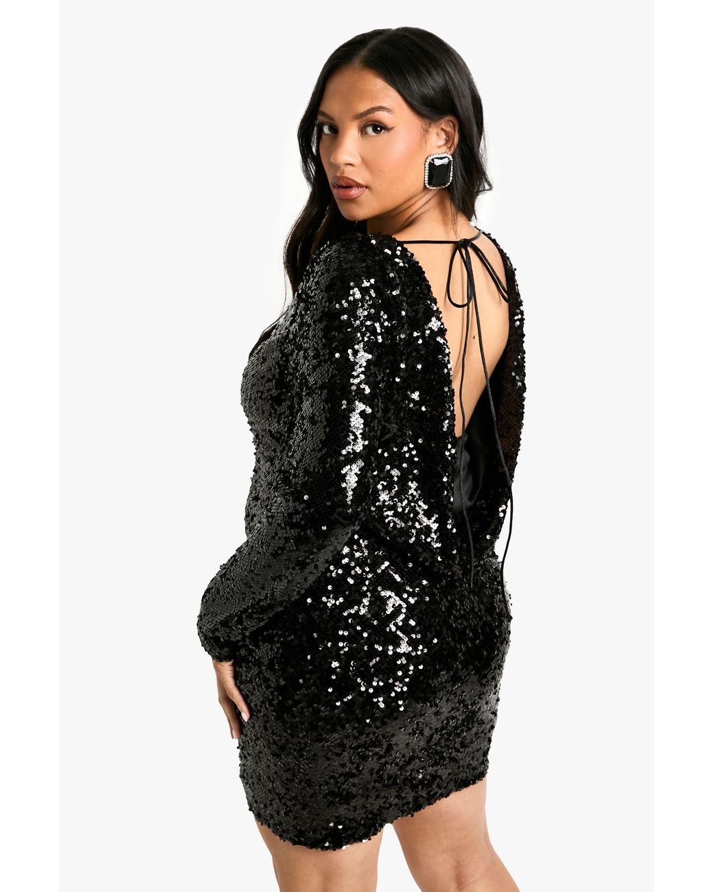 Boohoo Black Plus Sequin Cowl Back Long Sleeve Mini Dress