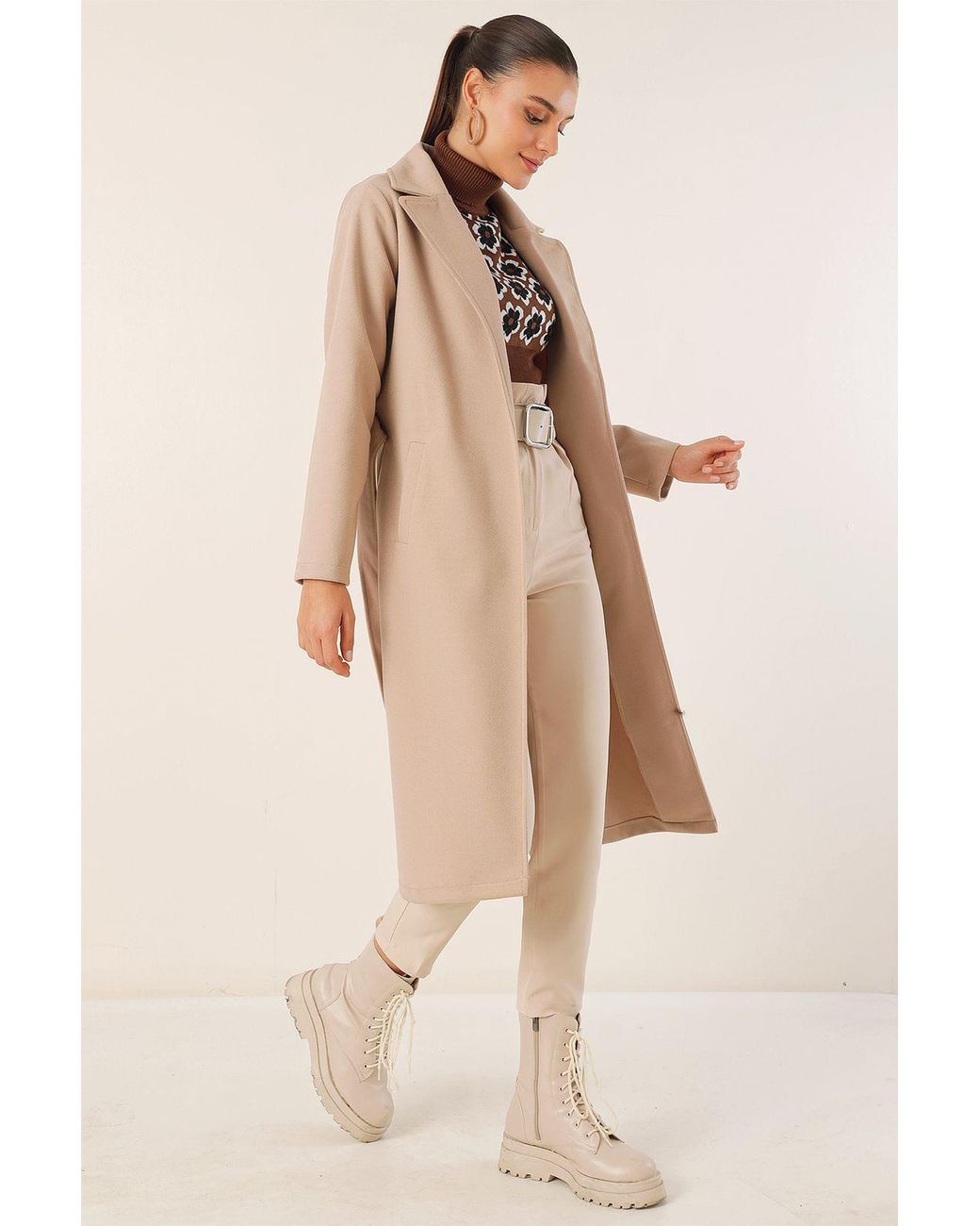 Bigdart Natural Double Breasted Tie Closure Textured Coat