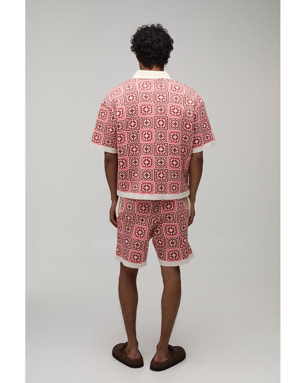 BoohooMAN Red Oversized Boxy Crochet Square Knitted Polo And Short Set for men