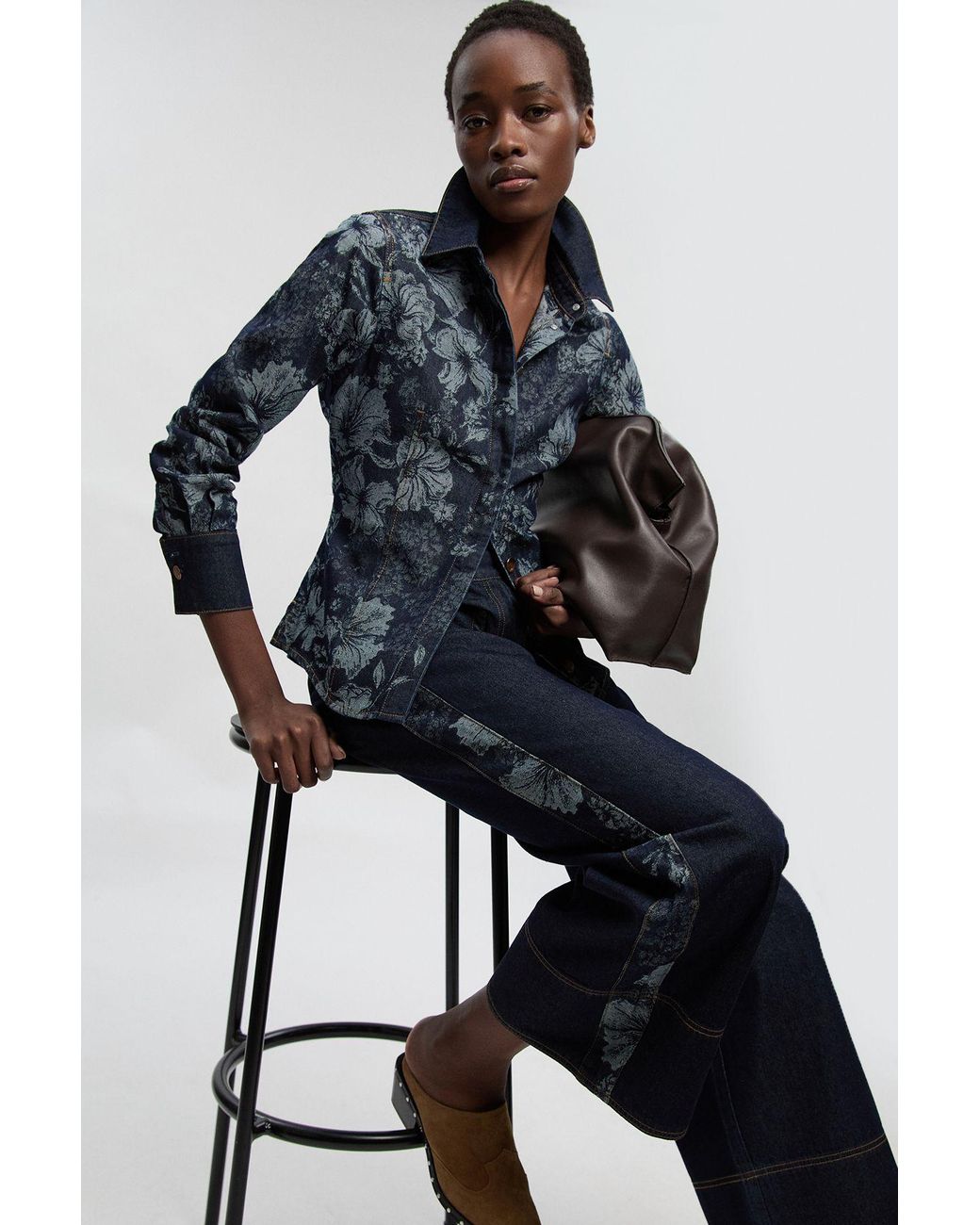 Karen Millen Black Denim & Jacquard Contrast Wide Leg Jean