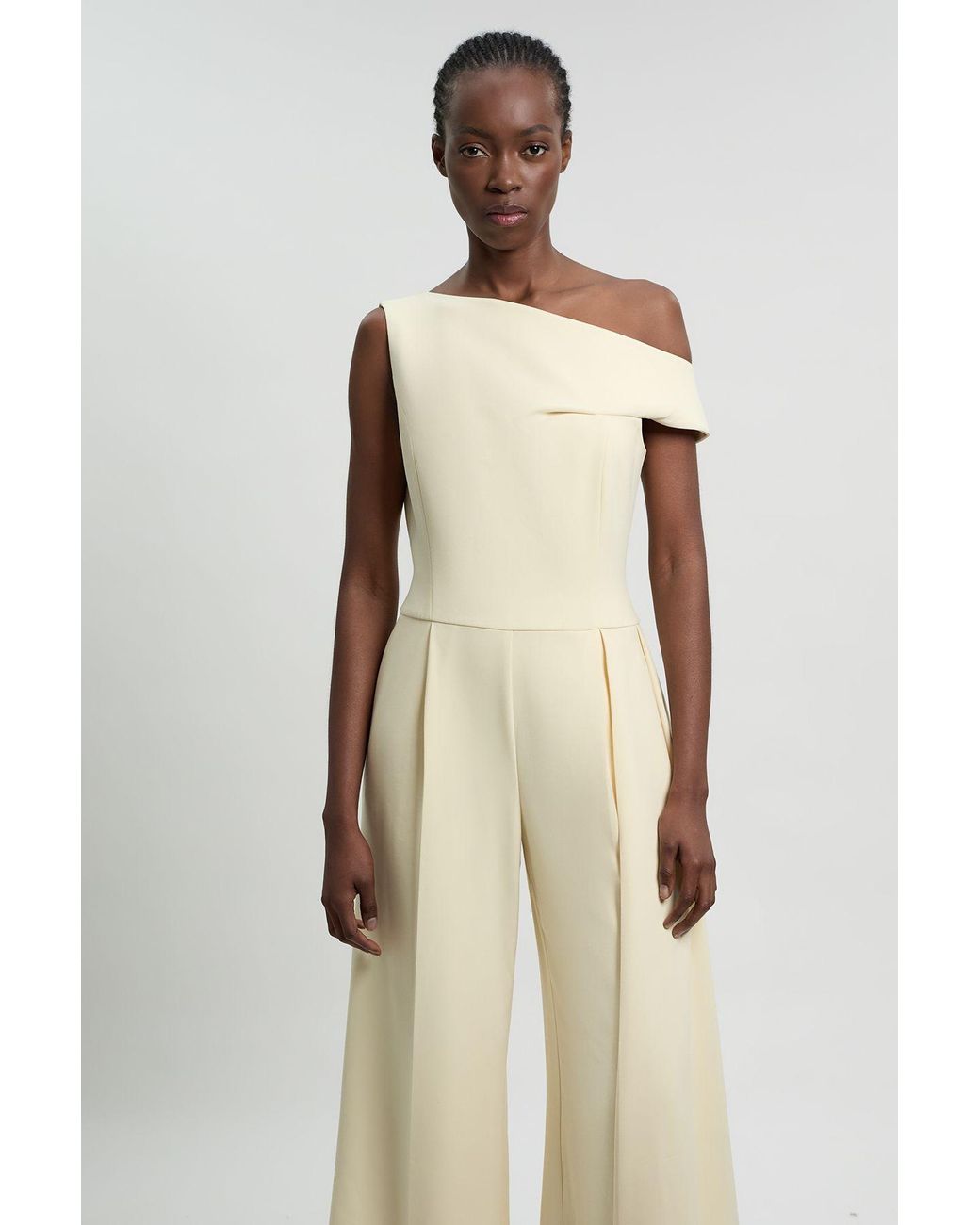 Karen Millen Natural Compact Stretch Asymmetric Neck Wide Leg Jumpsuit