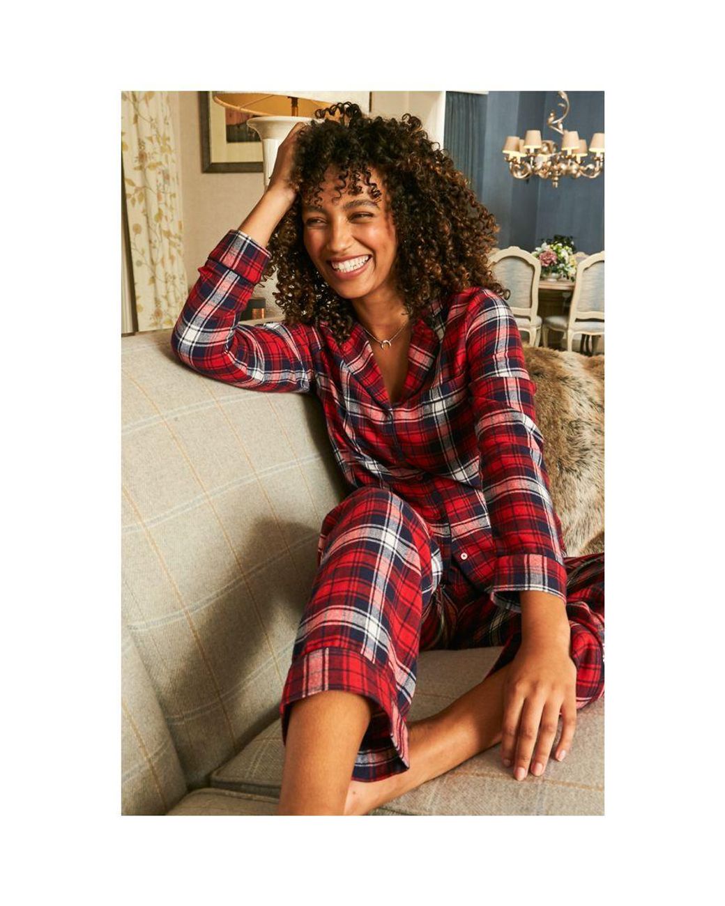 Sosandar Red Check Brushed Cotton Button Front Pyjama Top