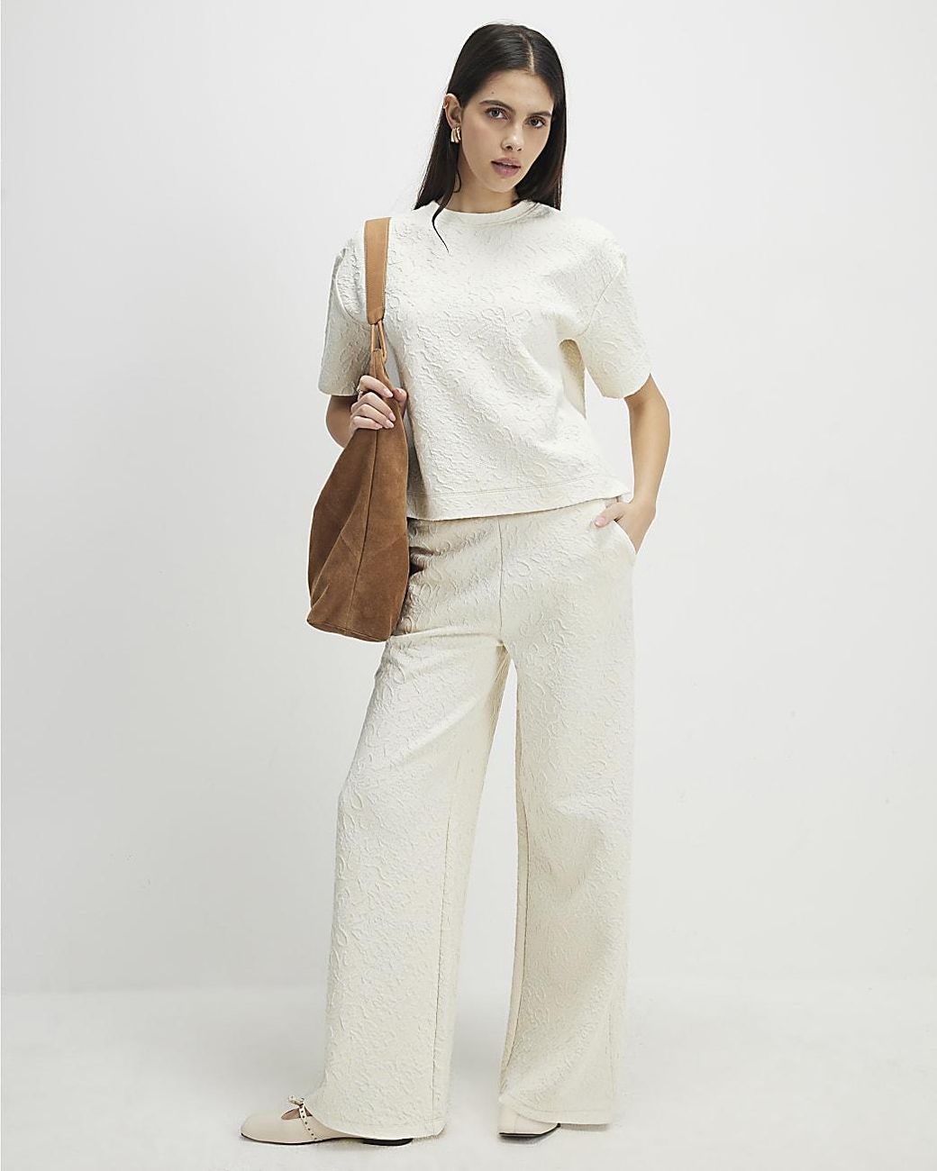 River Island White Wide Leg Trousers Jacquard Texture