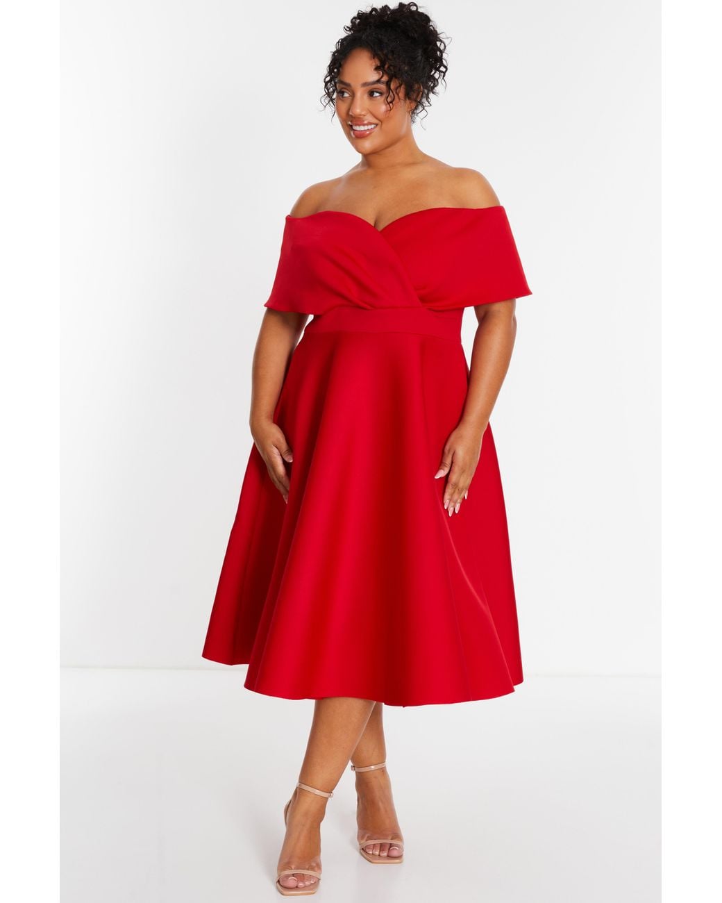 Quiz Curve Bardot Midi Skater Dress in Red | Lyst UK