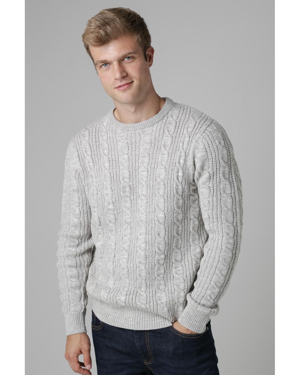 French Connection Gray Cable Knit Crew Neck Jumper for men