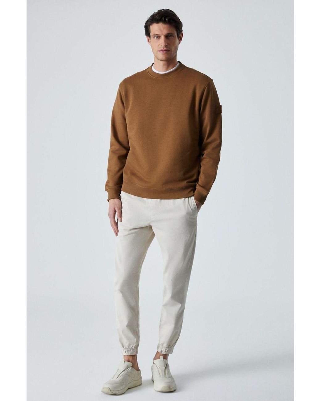 Grimelange Brown Embroidered Crew Neck Sweatshirt for men
