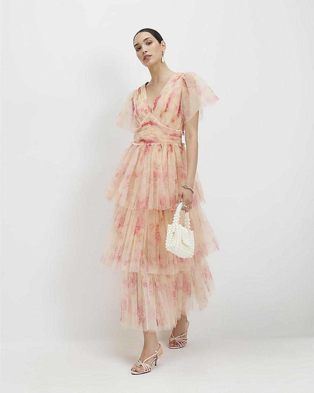 River Island White Tulle Midi Dress V-Neck Size Zip