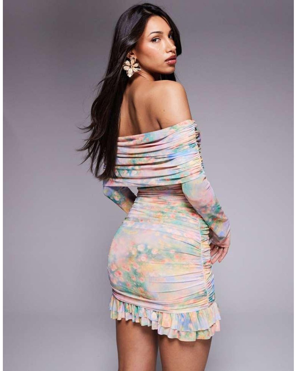AFRM Gray Long Sleeve Ruched Mini Dress With Ruffle Hem