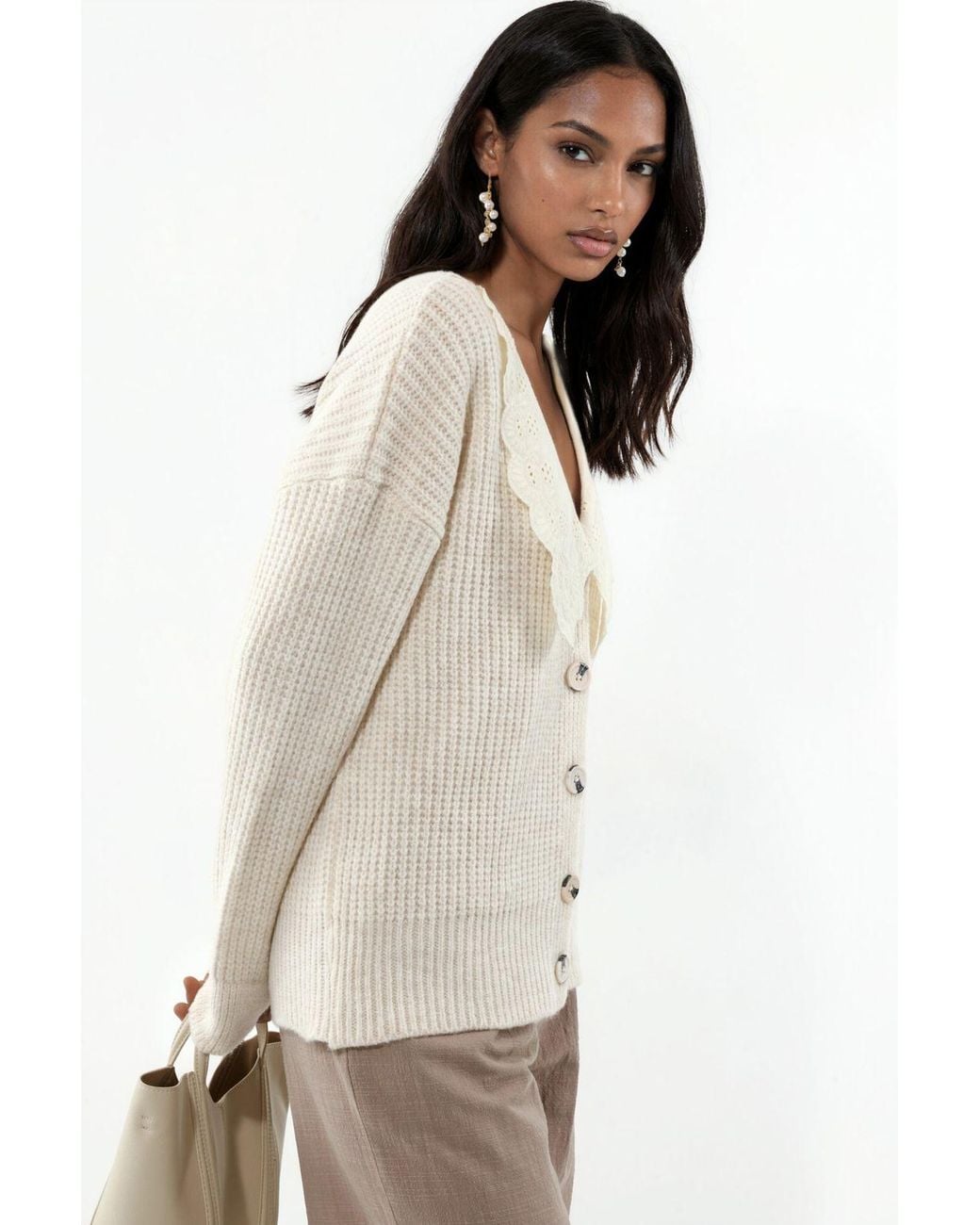 Hiccup Natural Buttoned Knit Cardigan With Collar Detail