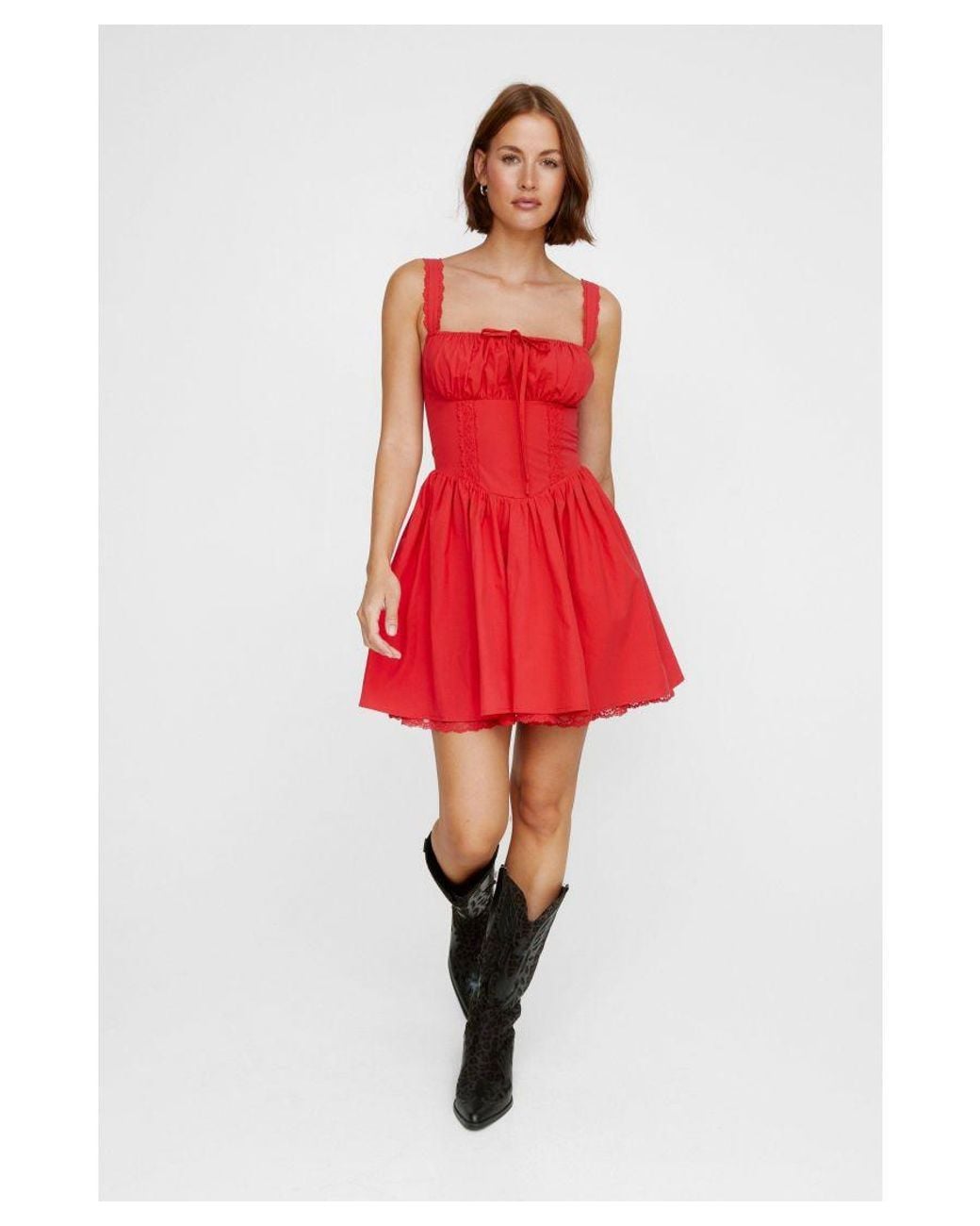 Nasty Gal Corset Lace Trim Skater Mini Dress in Red | Lyst UK