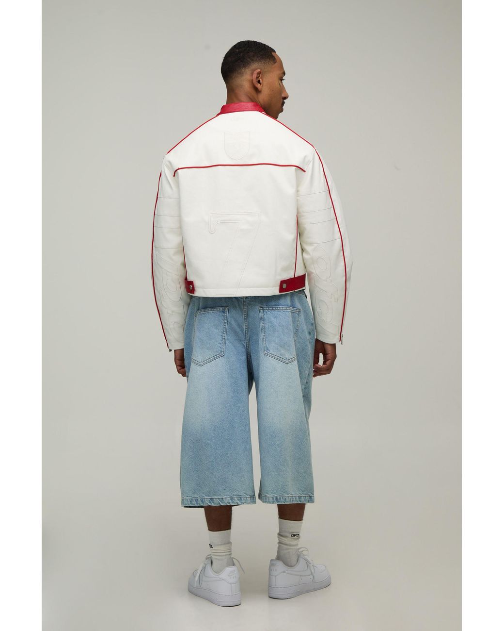 BoohooMAN White Boxy Fit Embossed Ofcl Moto Jacket for men