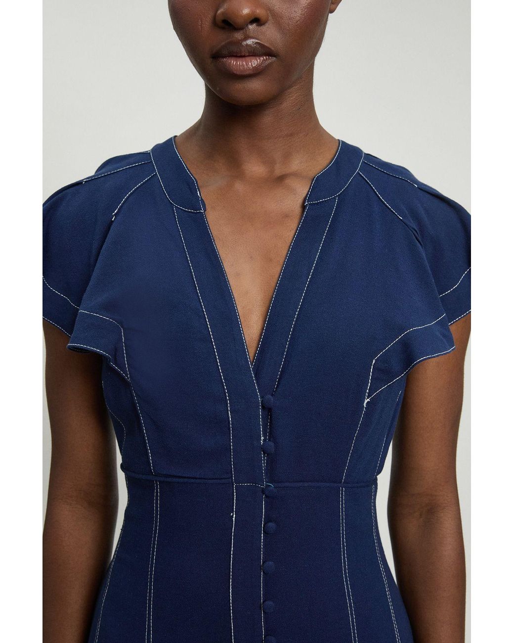 Karen Millen Blue Contrast Topstitch Seam Detail Midi Dress