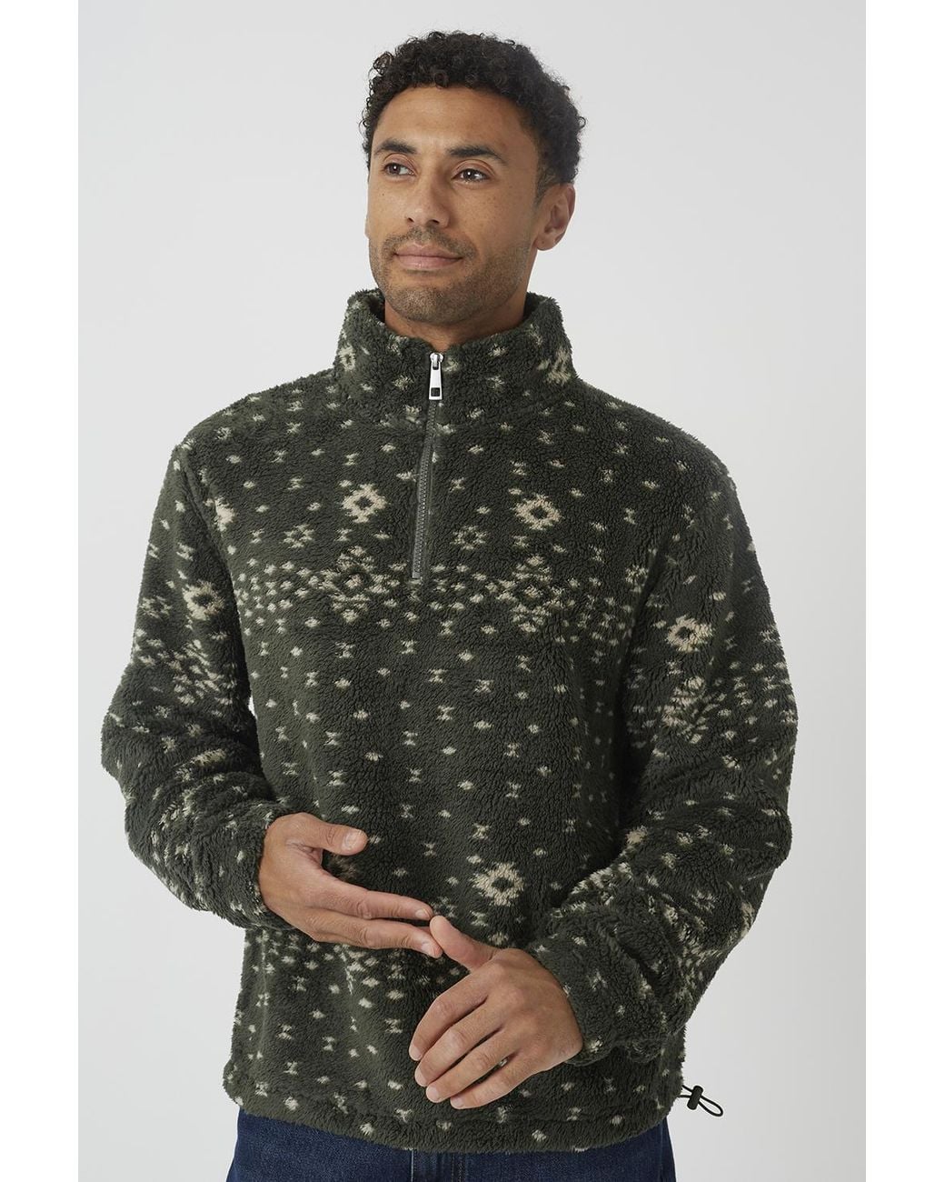 Brave Soul Gray Patterned Quarter Zip Borg Fleece for men