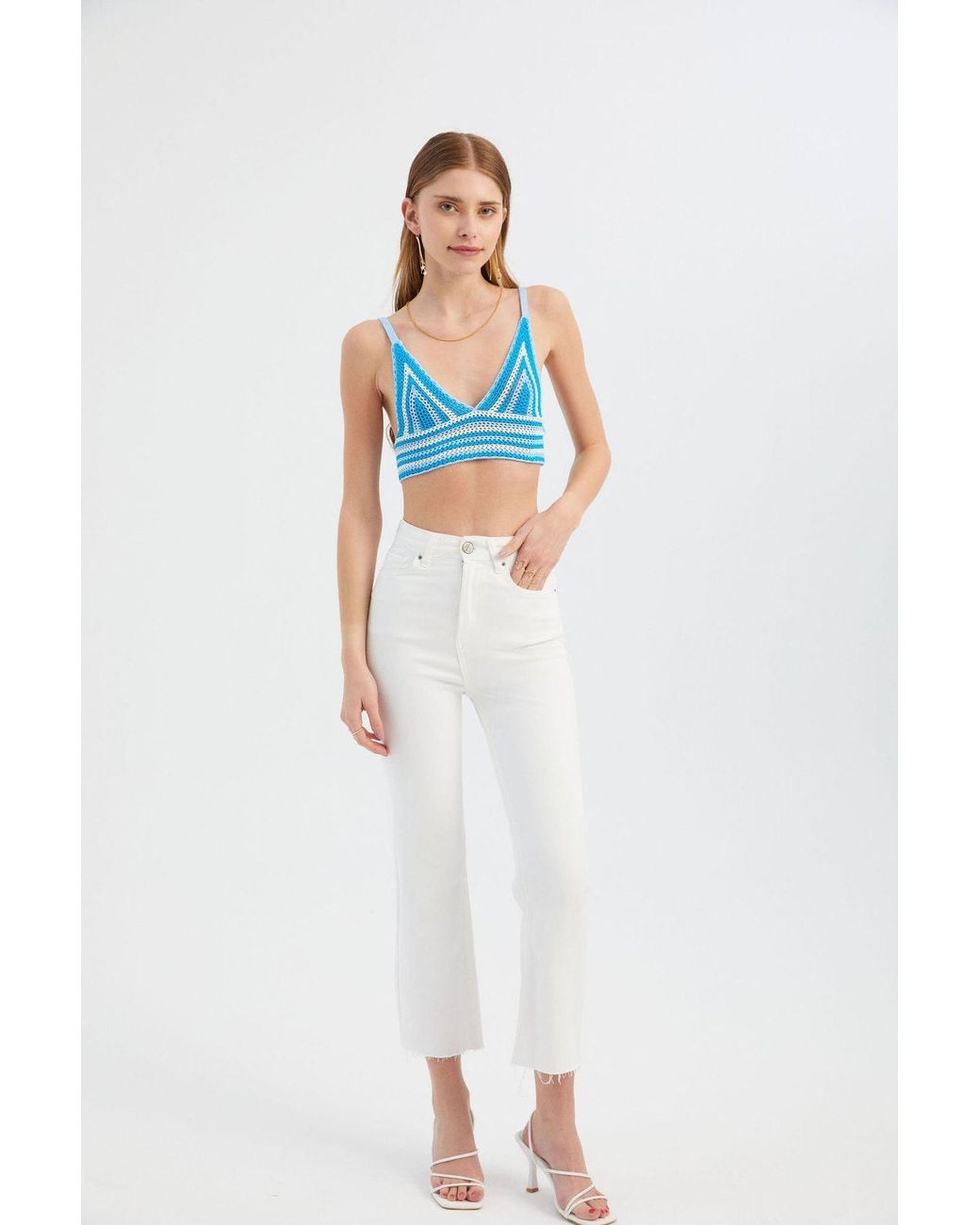Hiccup Blue Striped V Neck Knitted Crochet Crop Top