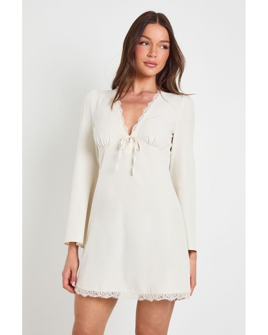 Boohoo White Tall Flared Sleeve Lace Trim Mini Dress