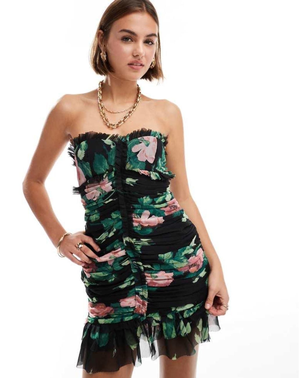 ASOS Green Ruched Bandeau Mini Dress With Frills