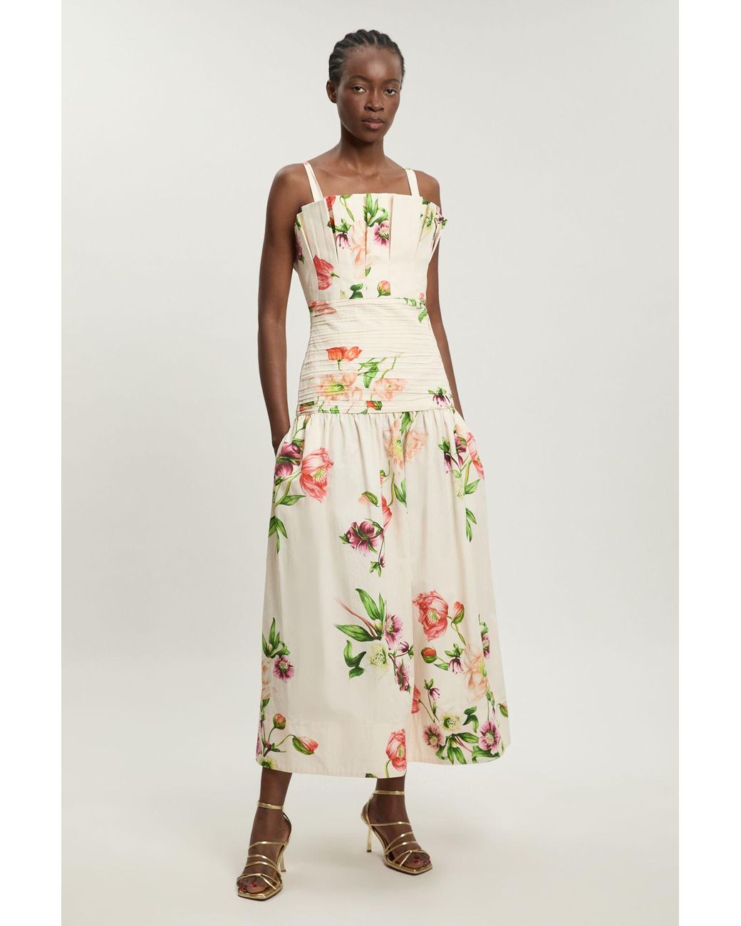 Karen Millen Natural Printed Poplin Pleated Midi Dress