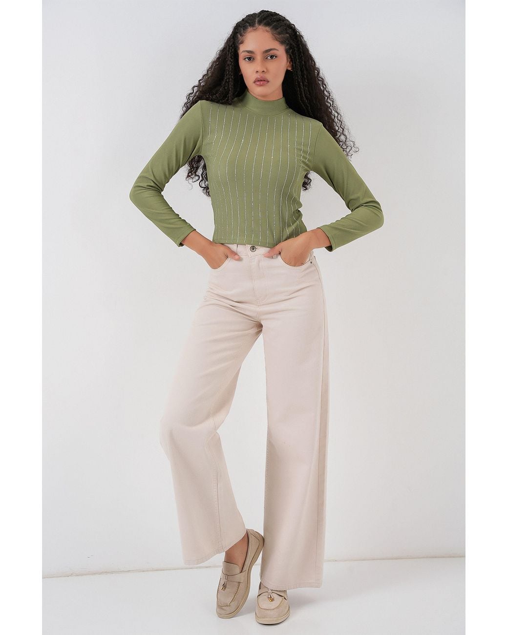 Bigdart Green Striped Half Turtleneck Long Sleeve Top With Stone Detail