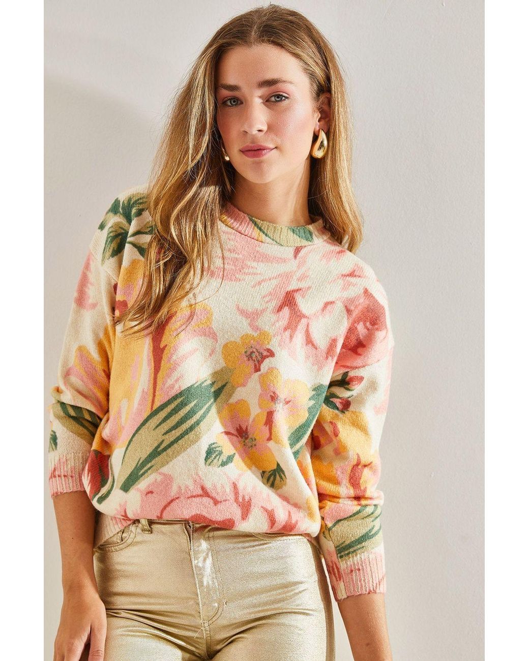 Bianco Lucci Multicolor Pattern Knit Sweater With Crew Neck