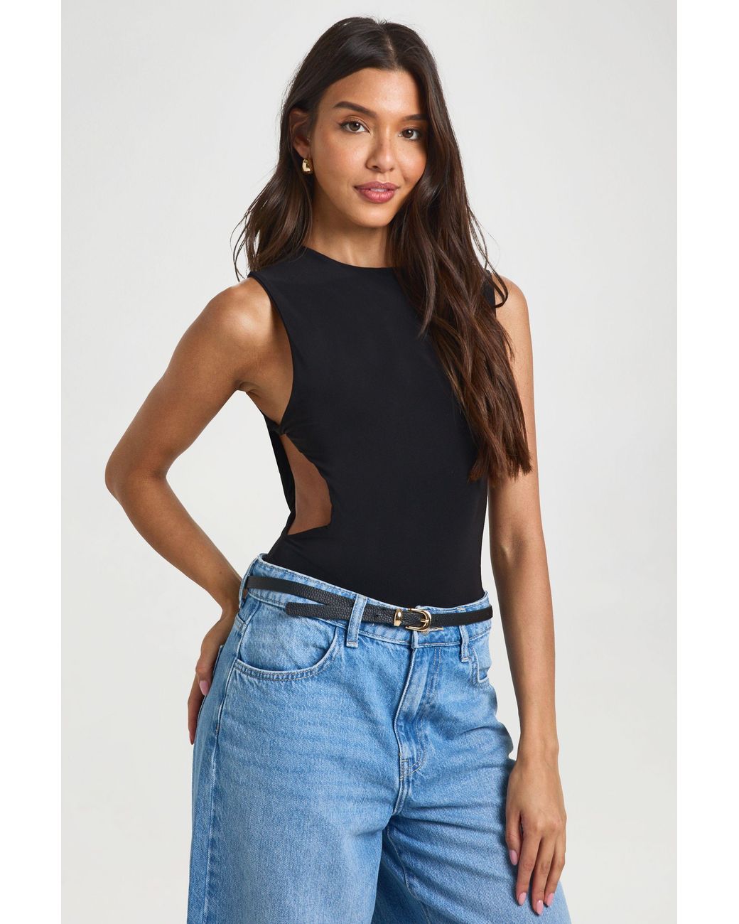 Boohoo Blue Slinky Twist Side Detail Cut Out Bodysuit