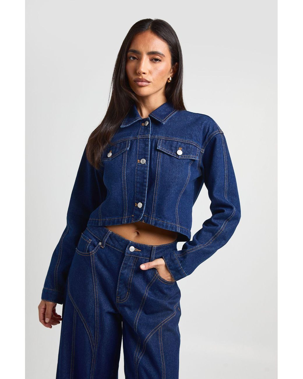 Boohoo Blue Curved Hem Denim Jacket
