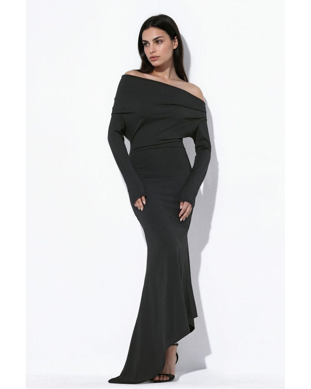 Hiccup Black Boat Neck Asymmetric Bodycon Maxi Dress