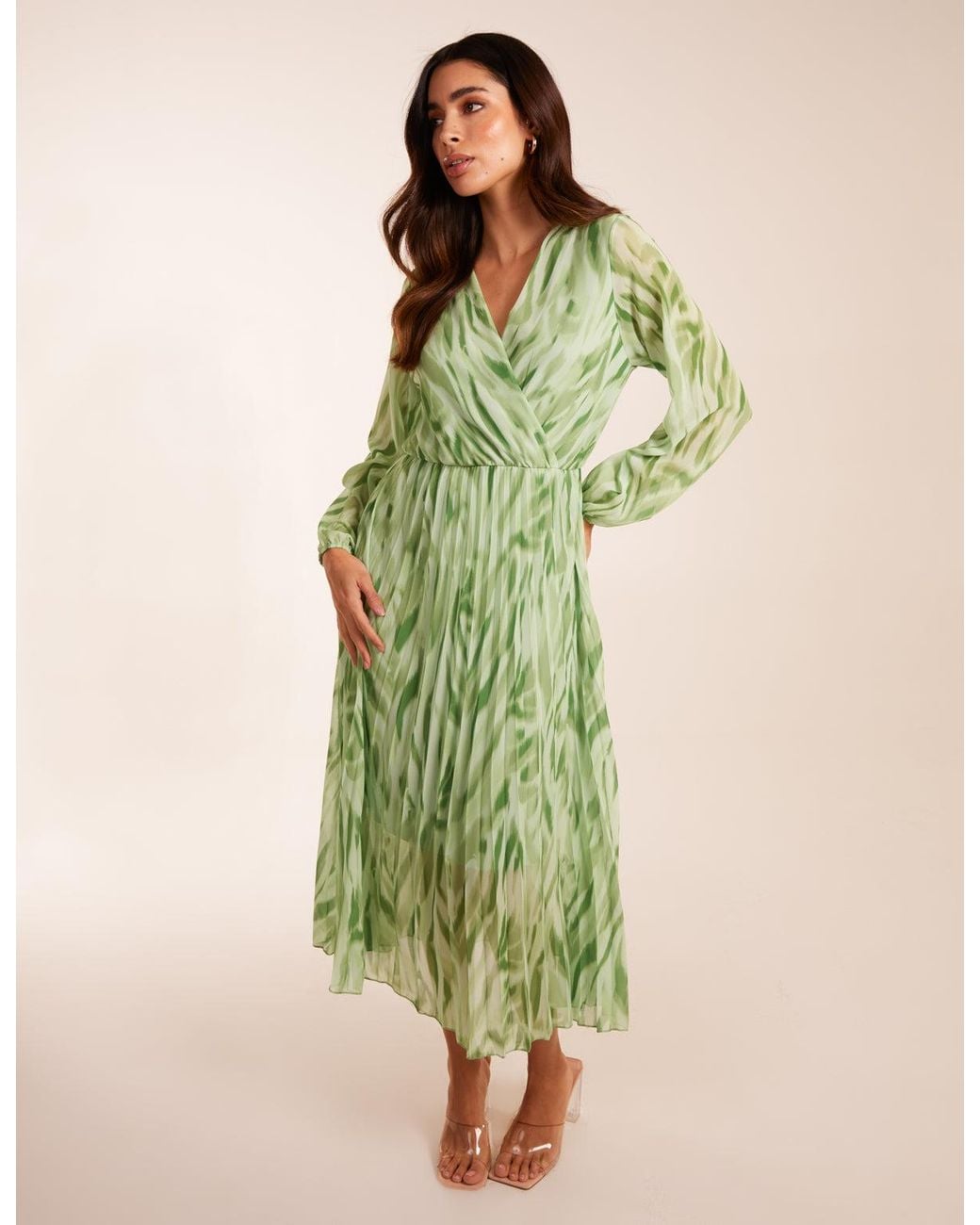 Blue Vanilla Green Abstract Wrap Pleated Midi Dress