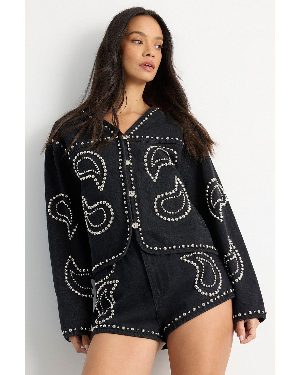 Warehouse Black Paisley Studded Denim Shorts