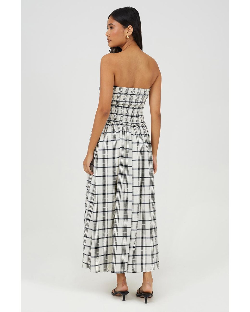 Brave Soul White Gingham Sleeveless Ruched Bodice Midi Dress