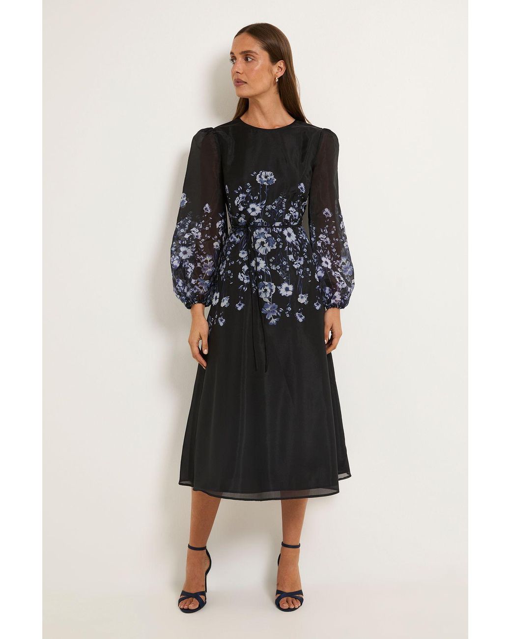 Wallis Black Floral Placement Organza Midi Dress