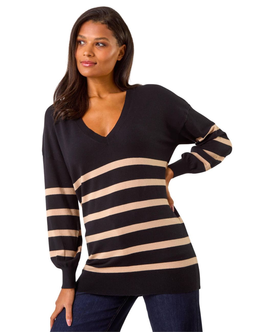 Roman Black Stripe V-Neck Boyfriend Knit Jumper