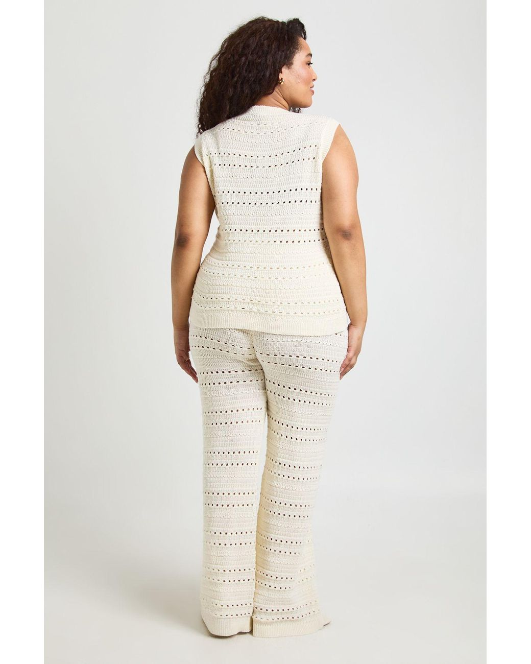 Boohoo Natural Plus Crochet Knit Longline Top And Trouser Co-Ord