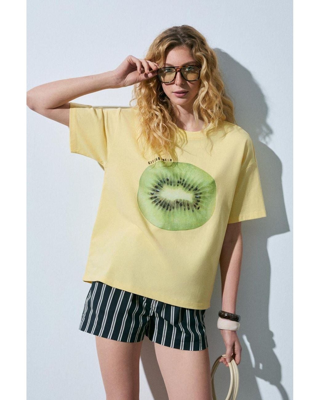 Grimelange Yellow Oversized Printed Crew Neck T-Shirt