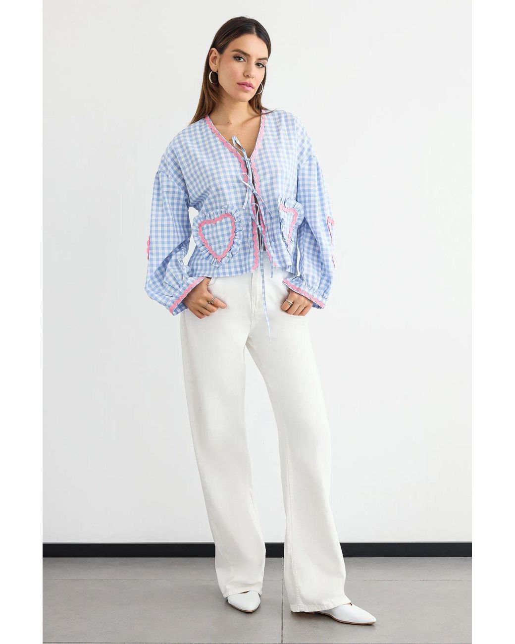 Hiccup White Checked V-Neck Tie-Front Blouse