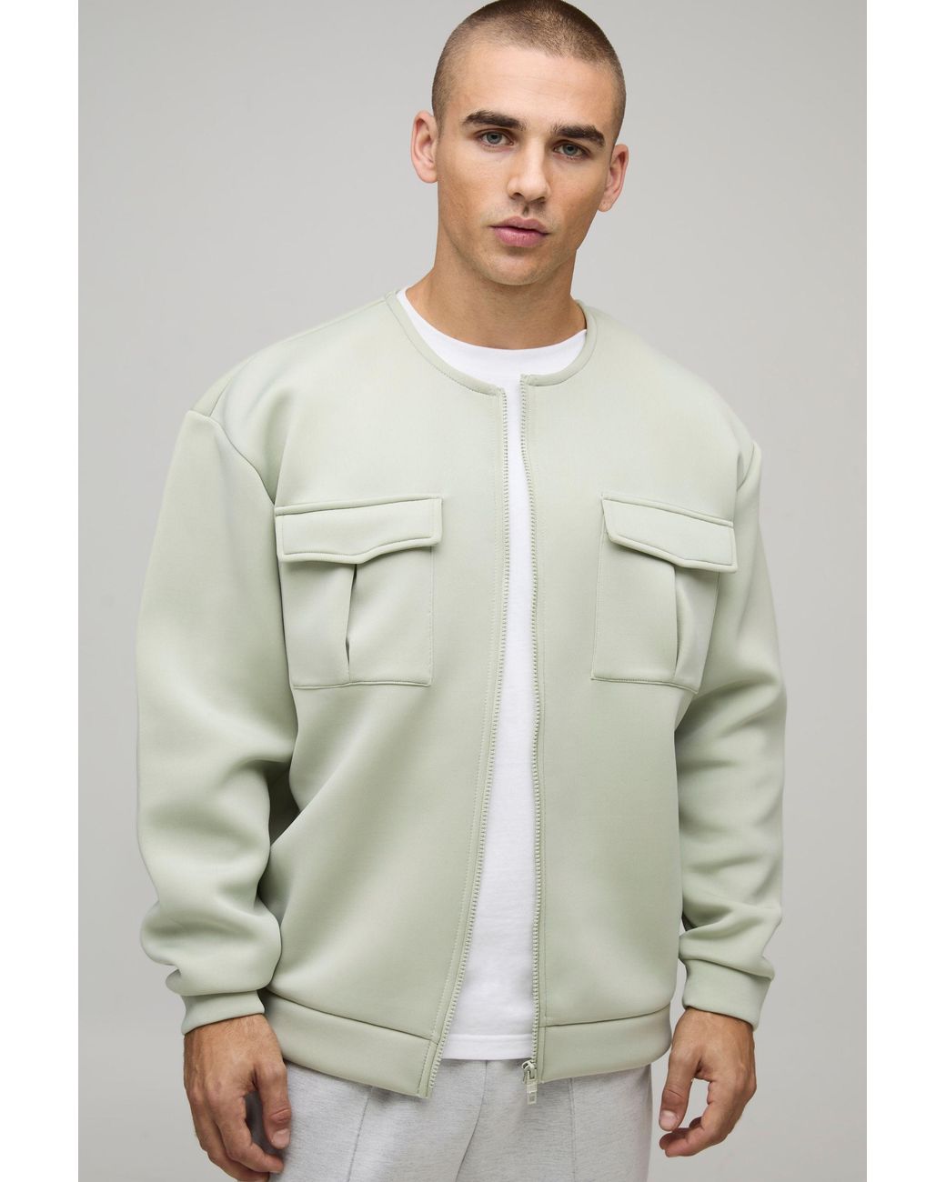 BoohooMAN Natural Oversized Bonded Scuba Cargo Pocket Bomber Jacket for men
