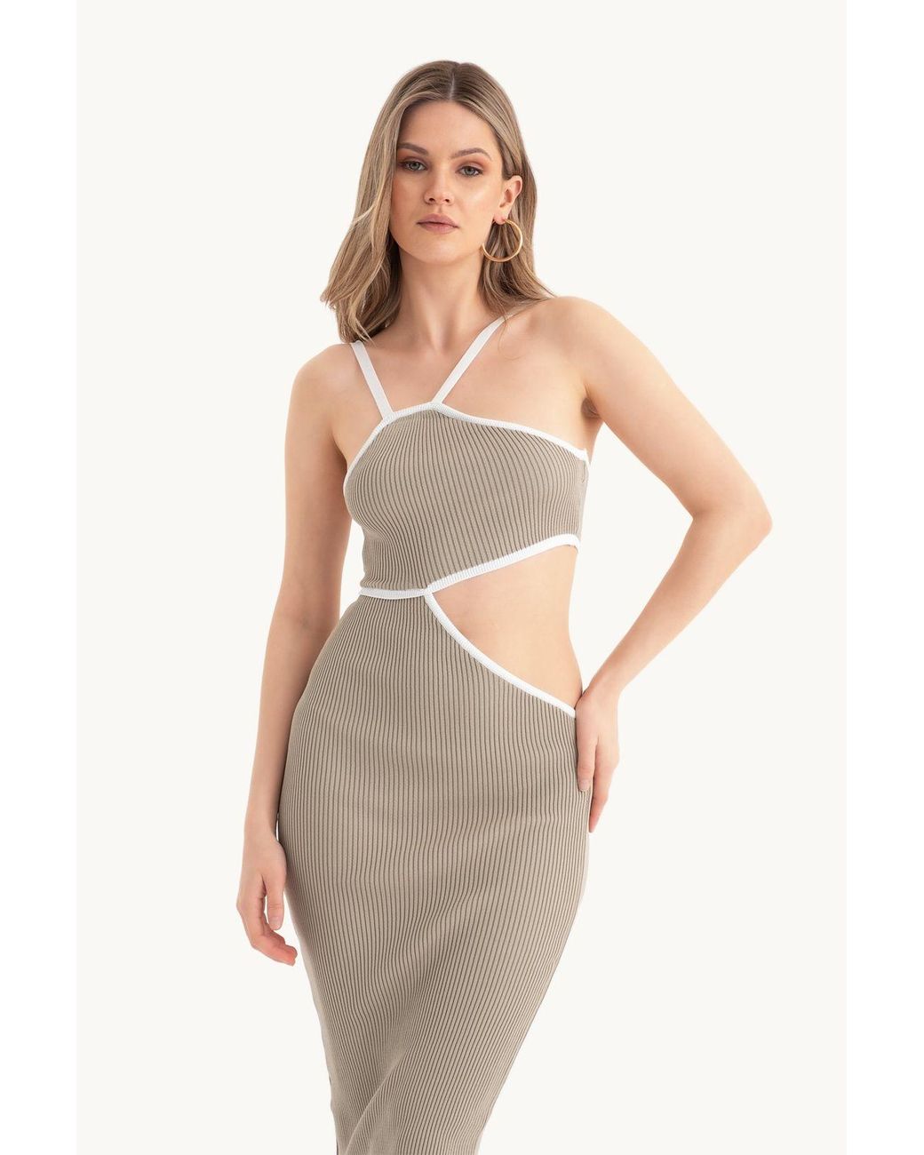 Hiccup Natural One Shoulder Midi Dress With A Side Cut Out