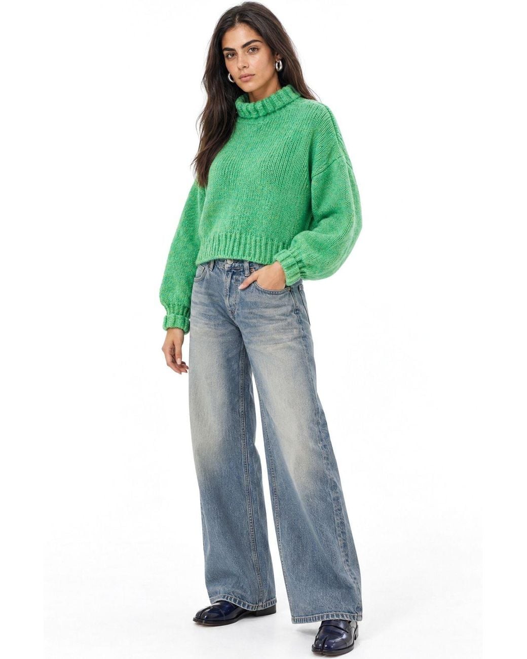 MixRay Green Thick Turtleneck Textured Crop Sweater