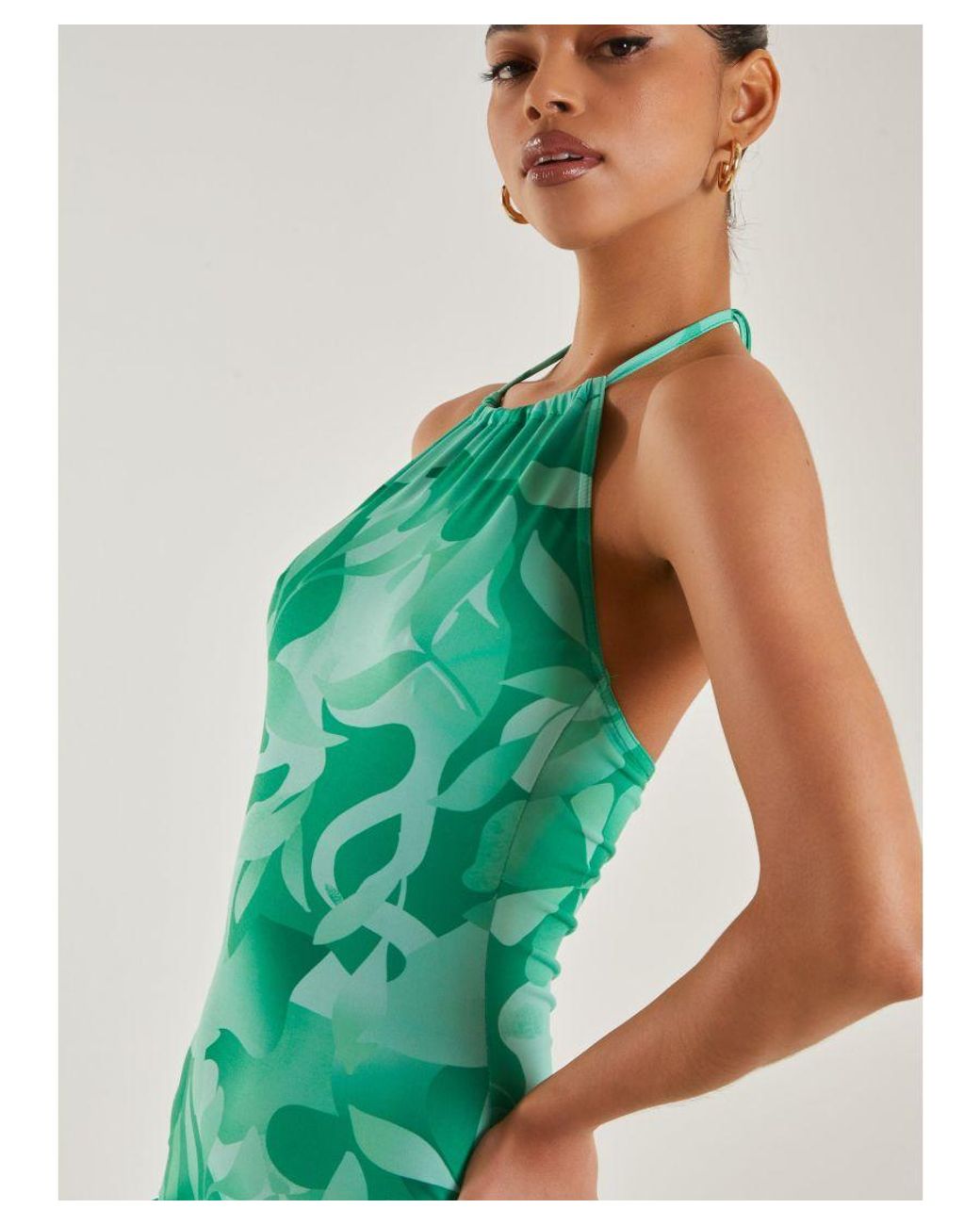 Pink Vanilla Green Abstract Tropical Halter Neck Mini Dress