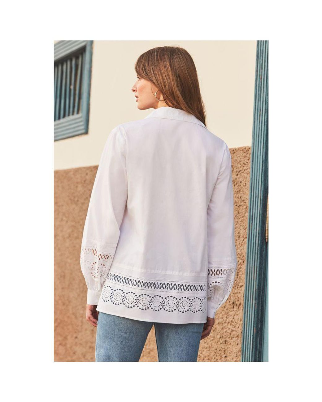 Sosandar White Broderie Detail Balloon Sleeve Cotton Shirt